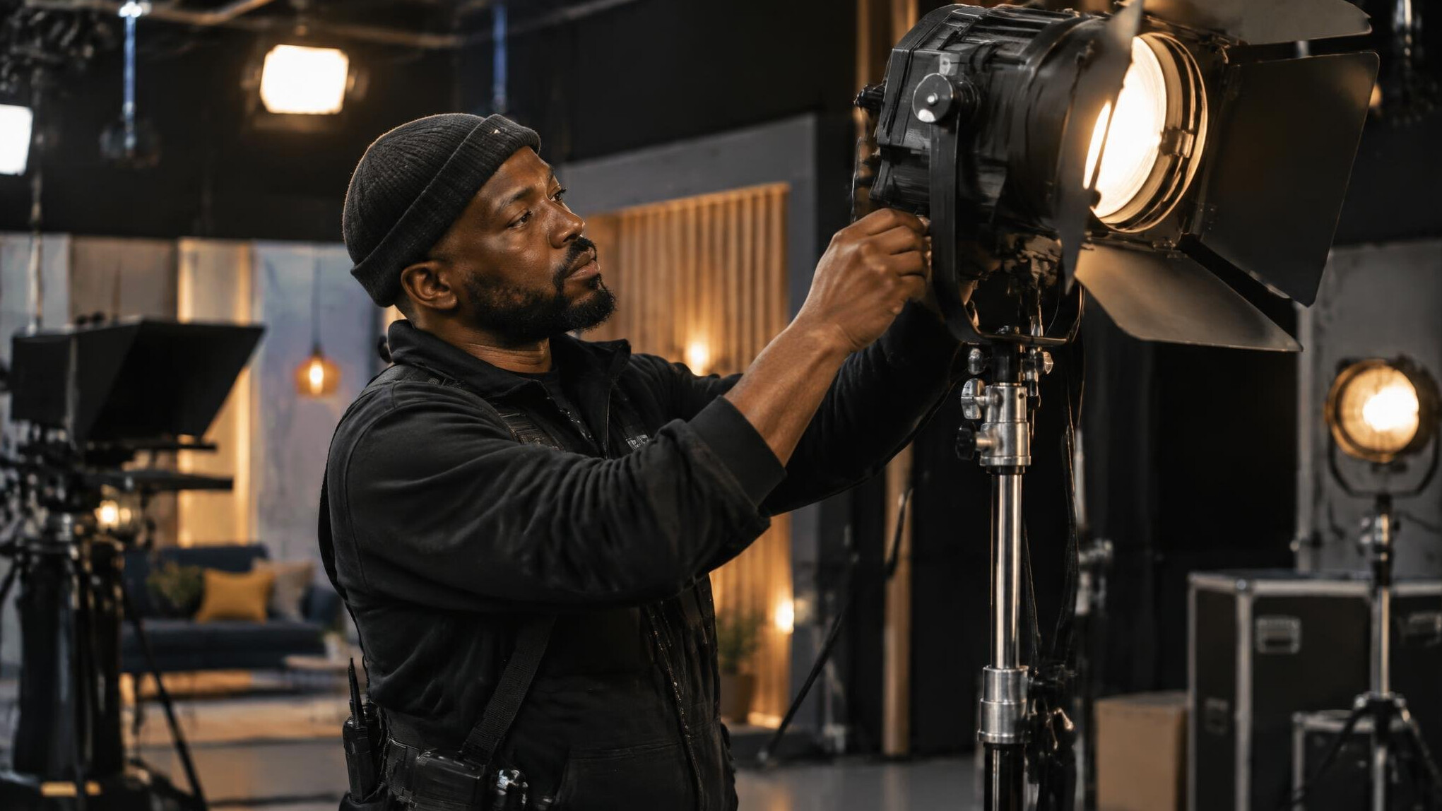 Lighting technician adjusting a studio spotlight on a stand