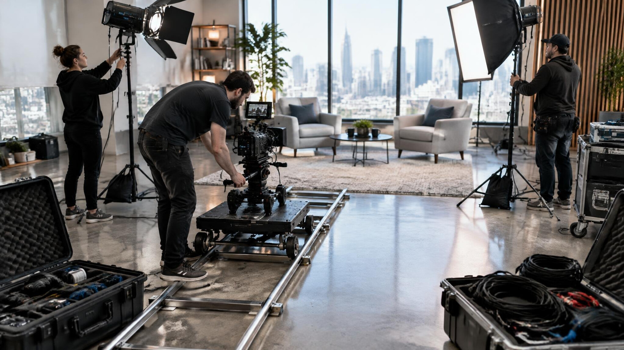 Film crew setting up camera and lighting equipment before a shoot