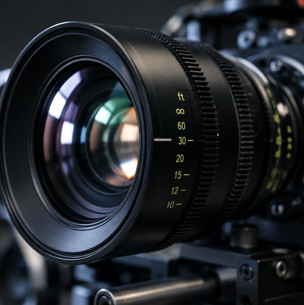 Close-up of a cinema camera lens during a shoot