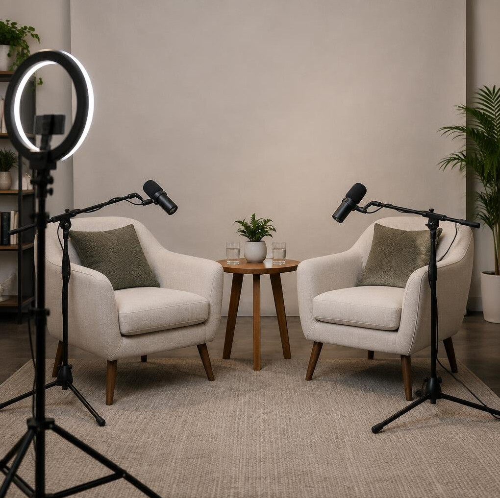 Two chairs and microphones arranged for a studio interview