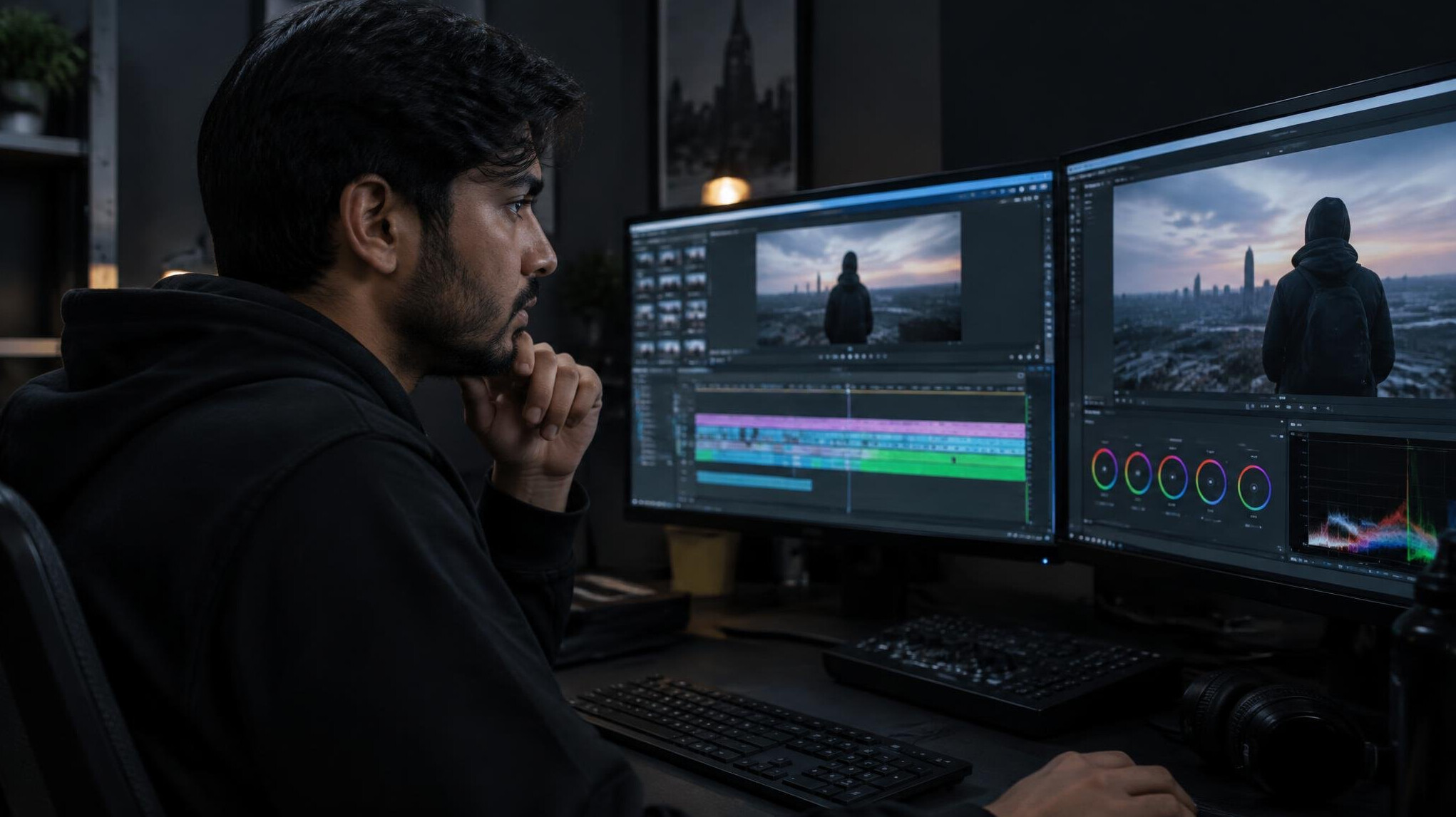 Video editor reviewing footage on multiple monitors