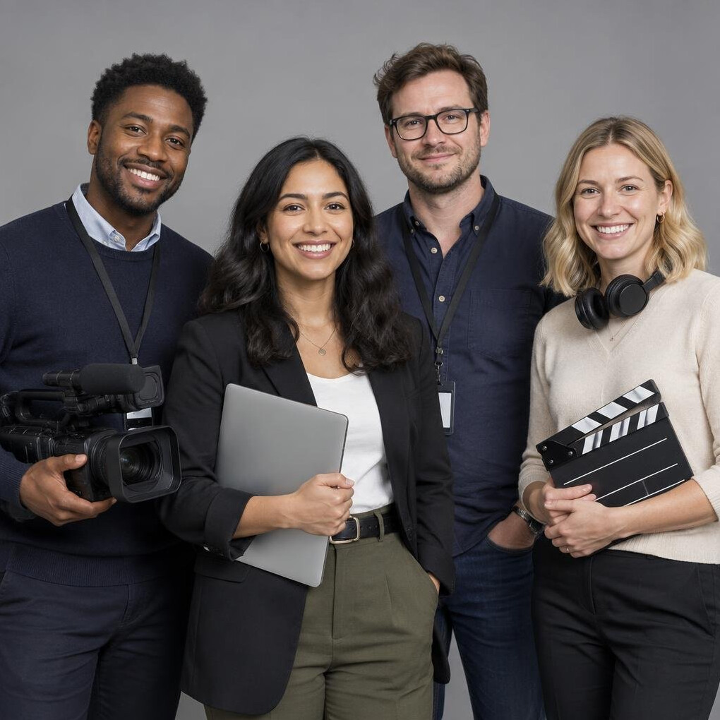 Group of four media production professionals smiling together