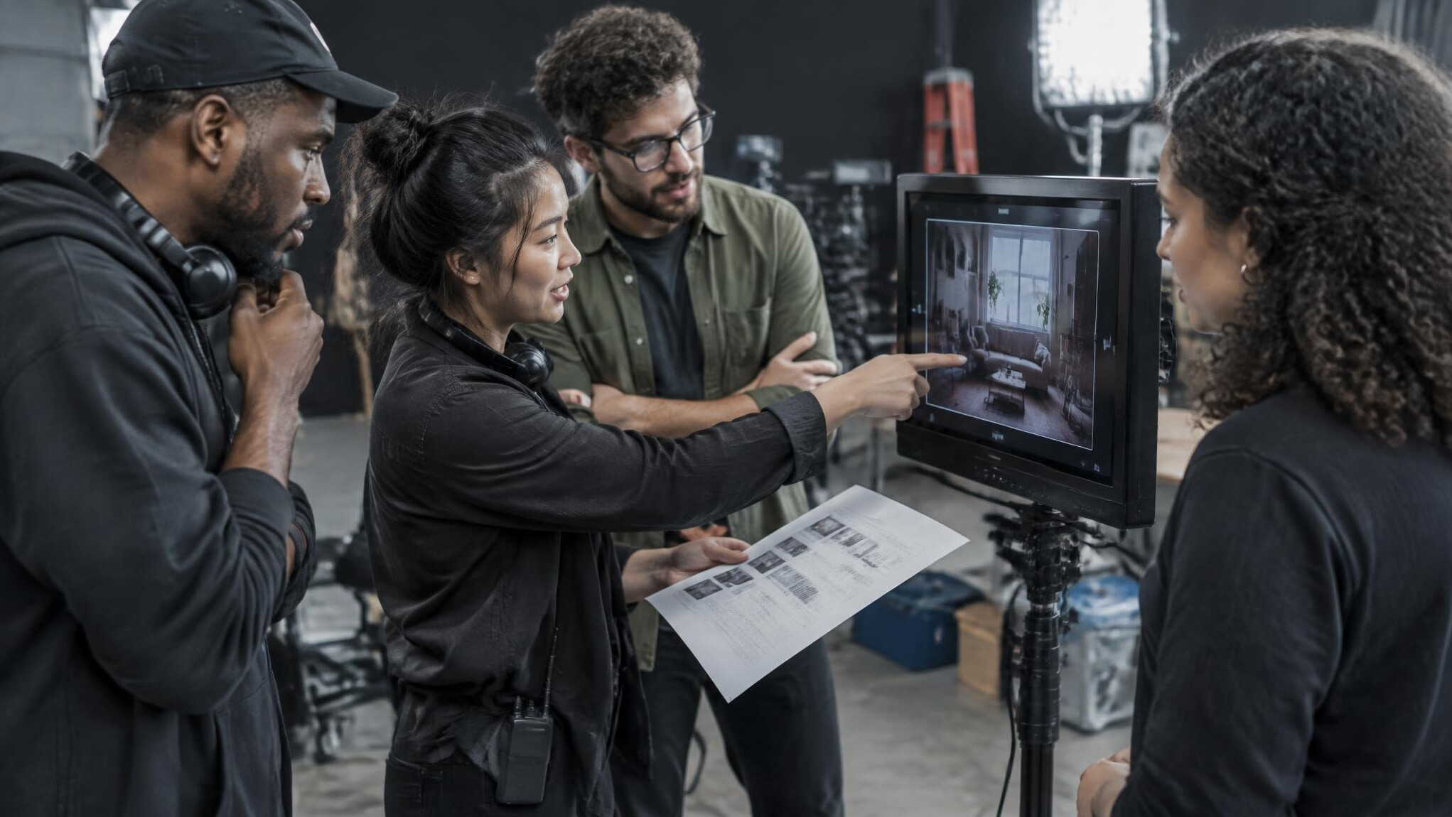 Media crew discussing a shot list on set